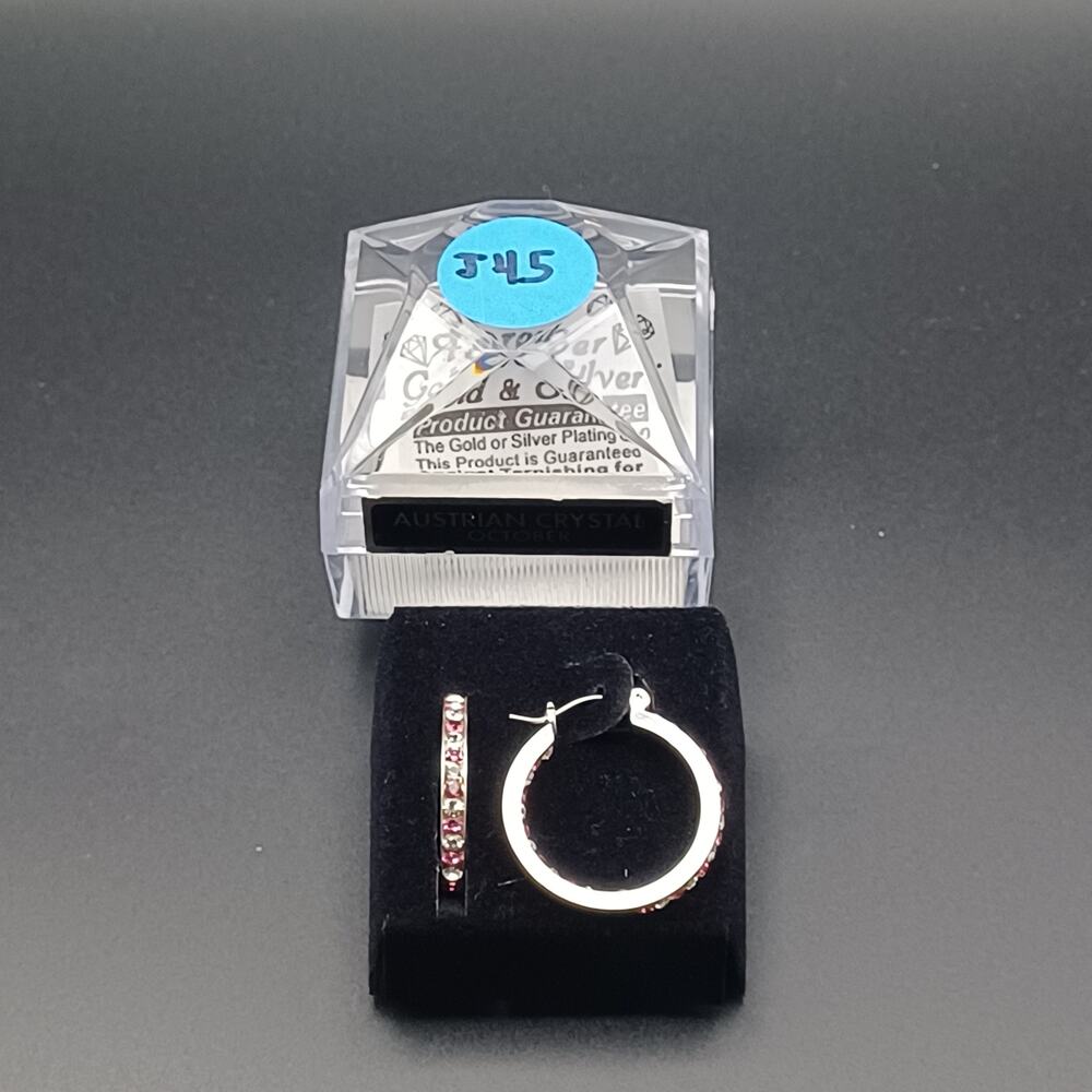 Austrian Crystal October Birthstone Hoop Earrings Pink Silver Tone NIB